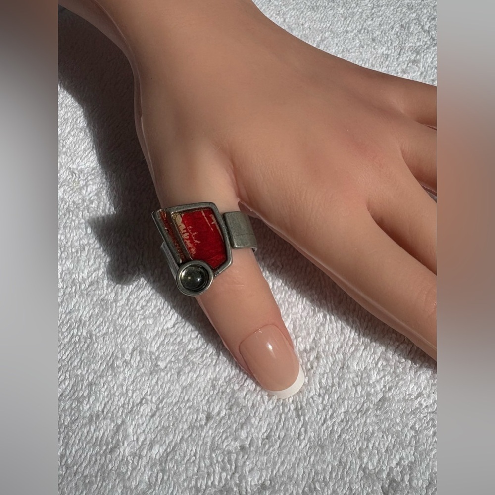 Brutalist NES Designs Red Enamel & Pewter Statement Ring